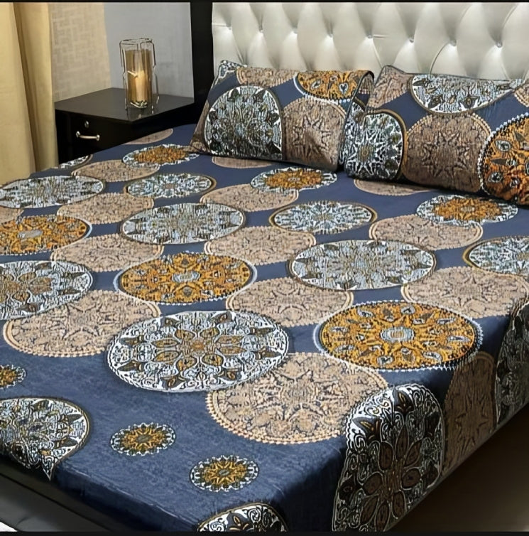 Elegant Circular Pattern Printed Bed Sheet Set with Pillow Covers