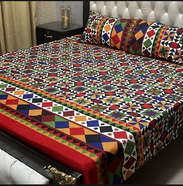 Elegant Circular Pattern Printed Bed Sheet Set with Pillow Covers